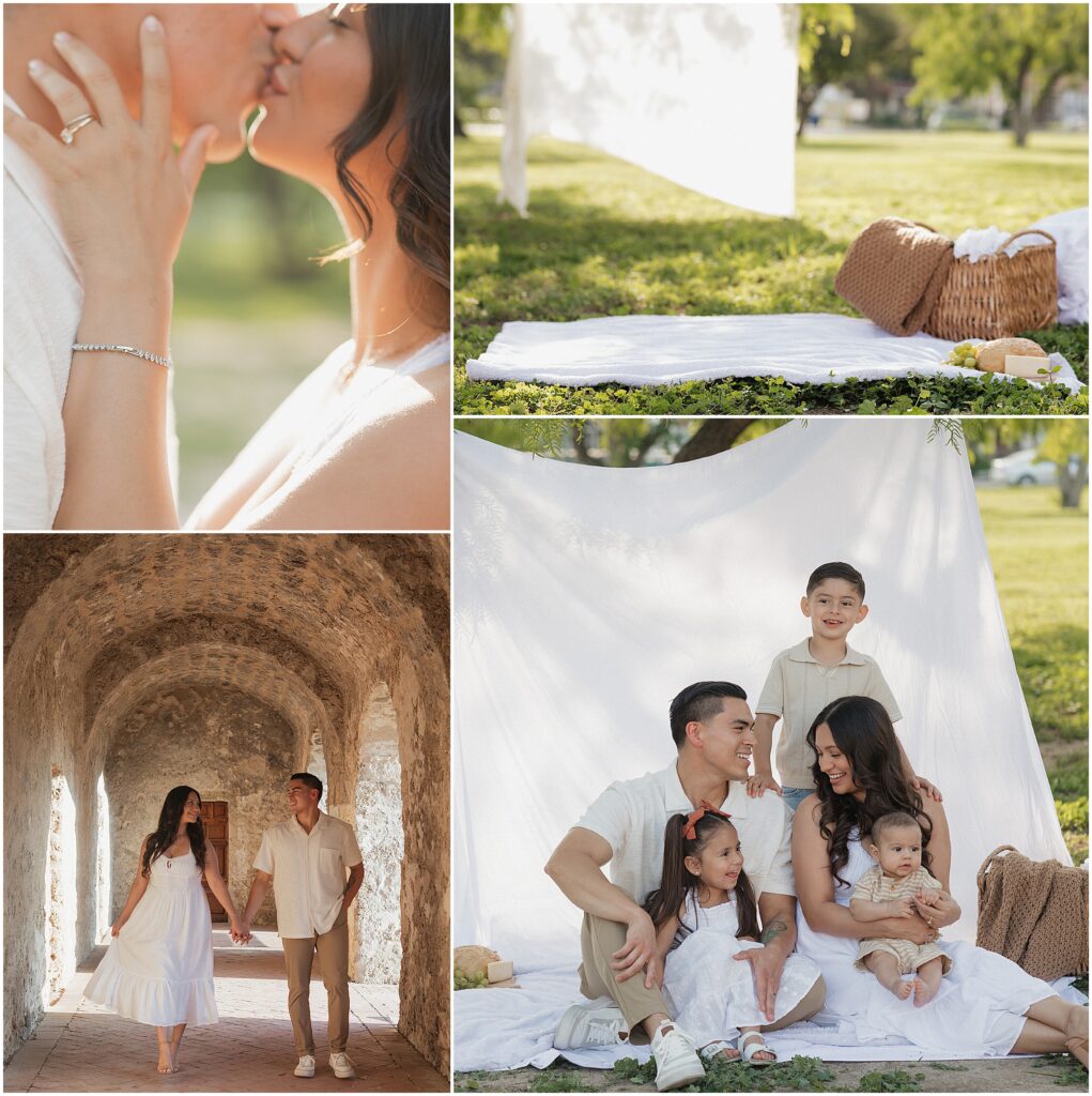 Four photos, from left to right, top to bottom: Couple kissing; picnic with backdrop, Couple walking through the arches, and picnic Family Photos at Mission Concepcion