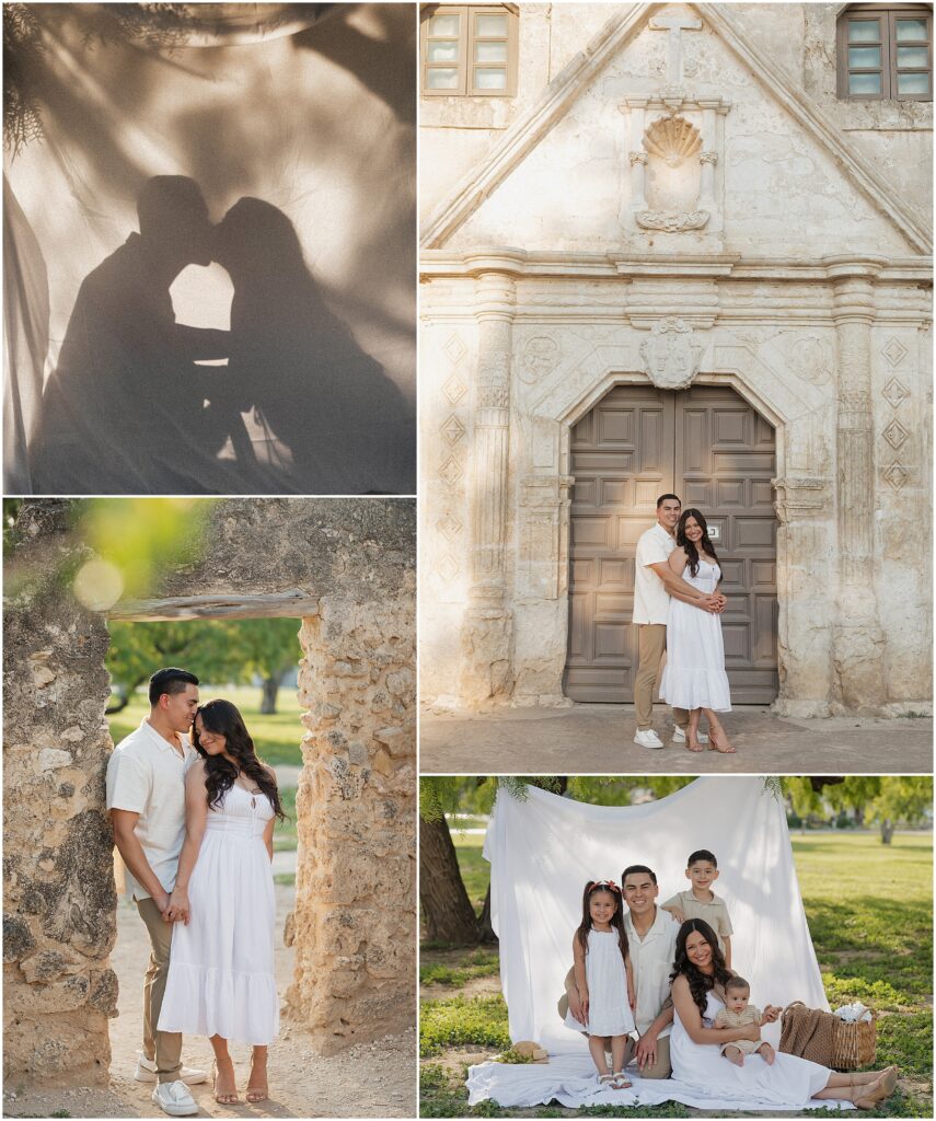 Four photos, from left to right, top to bottom: Couple's shadow kissing, husband embraces wife in front of chapel doors, wife leans in to husband's kiss, couple on picnic with backdrop