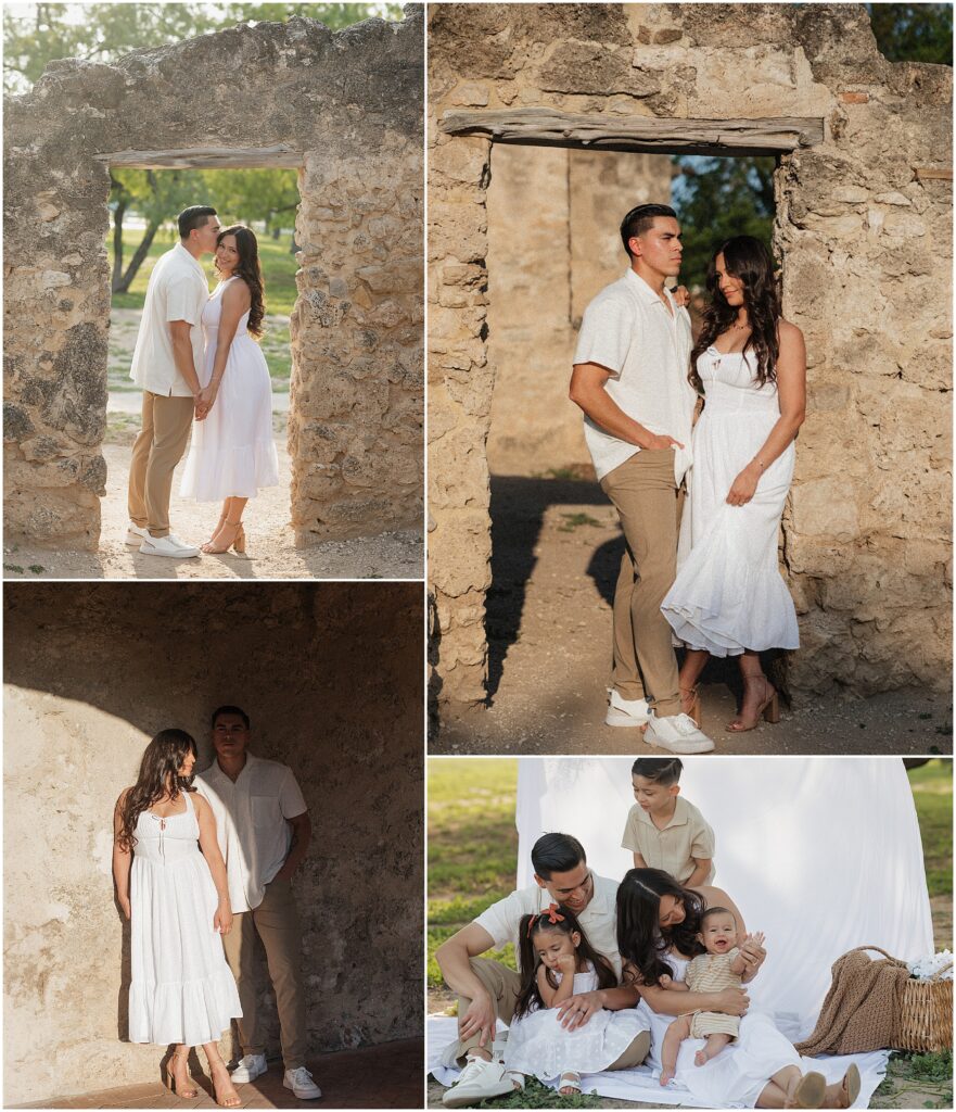 Four photos, from left to right, top to bottom: Husband leans in to kiss wife's head, husband and wife pose relaxed in doorway ruins, husband and wife overshadowed by mission arch, family picnic with children playing. Family Photos at Mission Concepcion