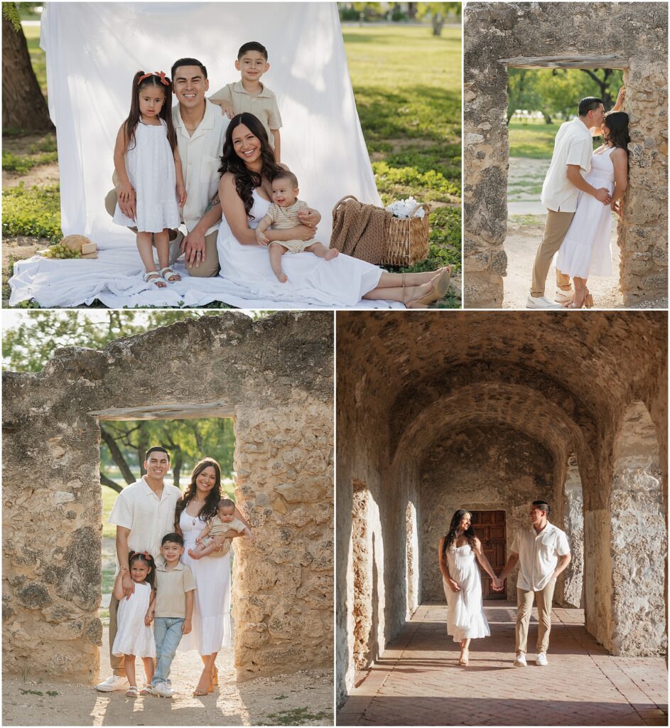 Four photos, from left to right, top to bottom: Family on picnic with backdrop; wife leans back on doorframe with husband kissing forehead; family standing in doorway of ruins; couple hold hands walking through archway at the mission concepcion 